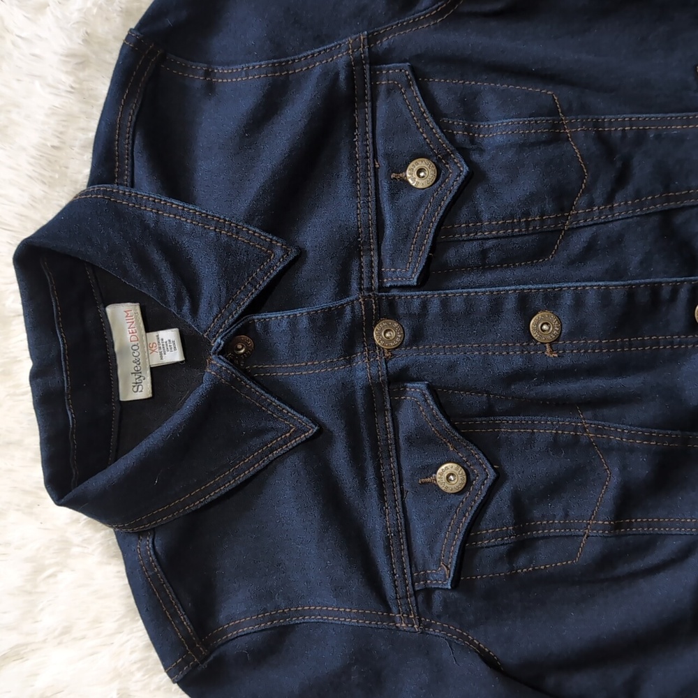 Style&Co Dark Blue Stretch Denim Classic Button Down Jacket With Pockets Size XS - Picture 2 of 10